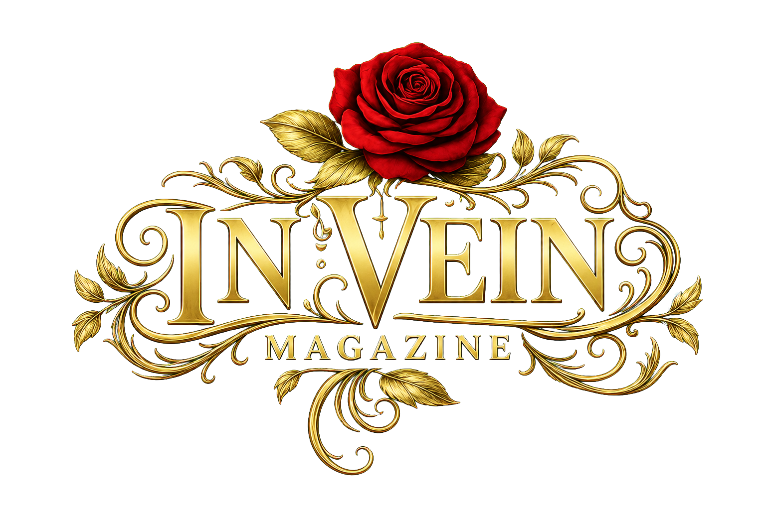 In Vein Magazine logo with a red rose and gold lettering
